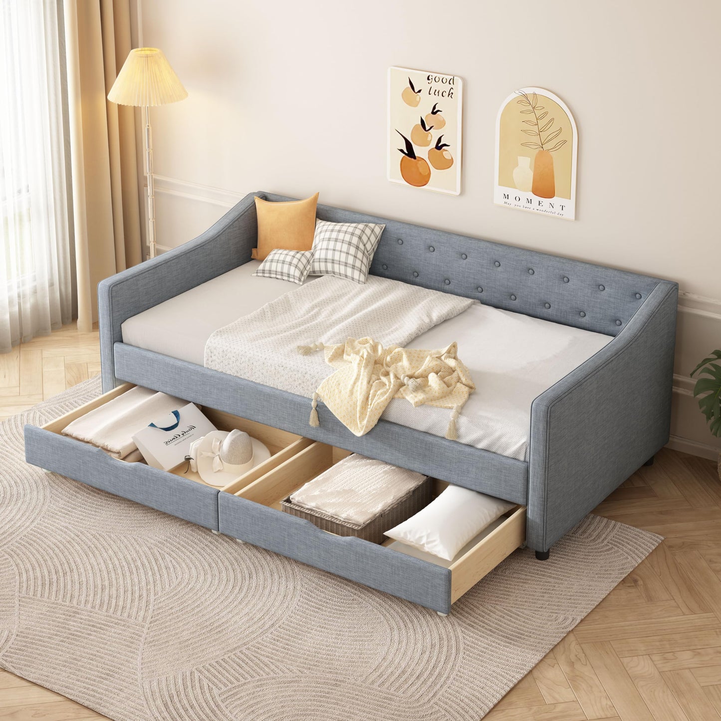 Ball & Cast Twin Size Daybed with Two Drawers and Linen Upholstered,Wood Bed Frame w/Button Tufted Back and Waved Shape Arms,Slats Support,for Apartment,Bedroom,Light Grey