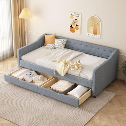 Ball & Cast Twin Size Daybed with Two Drawers and Linen Upholstered,Wood Bed Frame w/Button Tufted Back and Waved Shape Arms,Slats Support,for Apartment,Bedroom,Light Grey