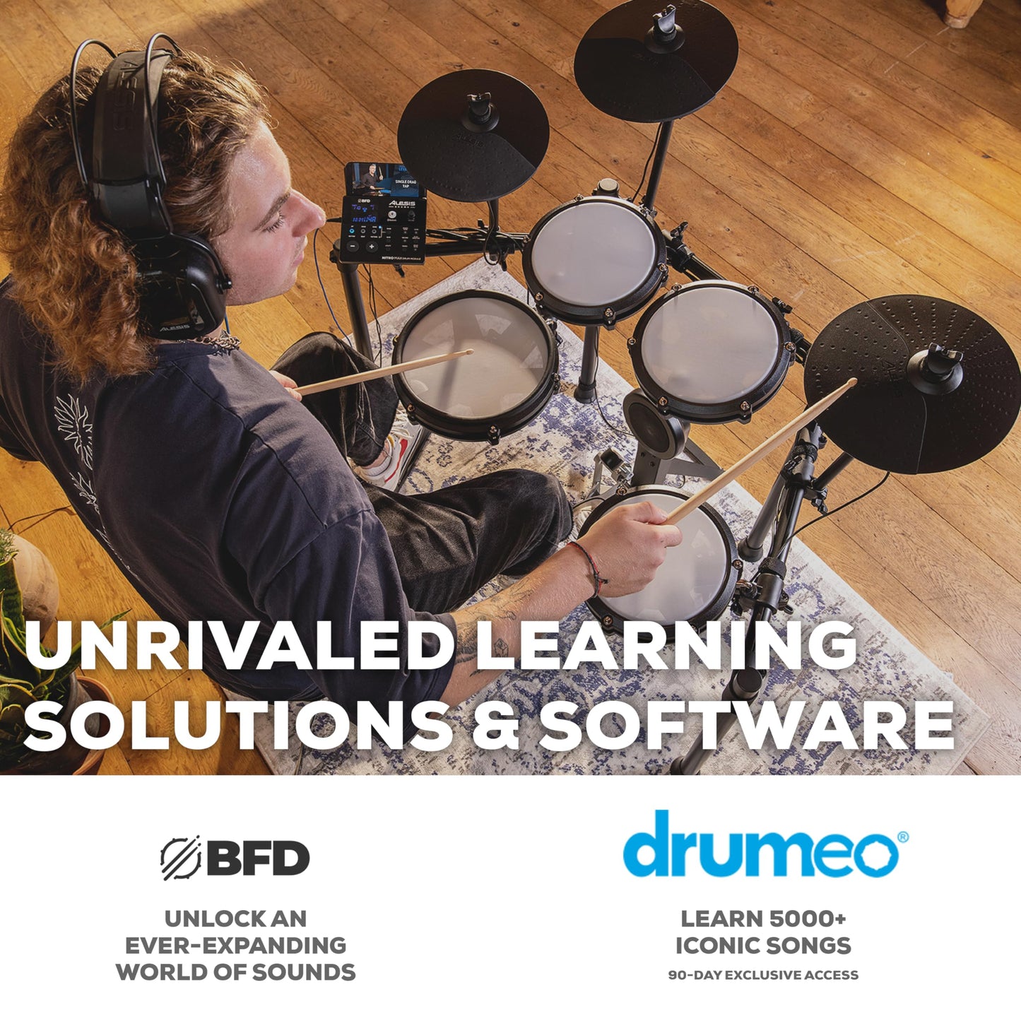 Alesis Nitro Max Kit Compact Electric Drum Kit with Quiet Mesh Pads, 10" Dual-Zone Snare, Bluetooth, 440+ BFD Sounds, Drumeo, USB MIDI, Kick Pedal
