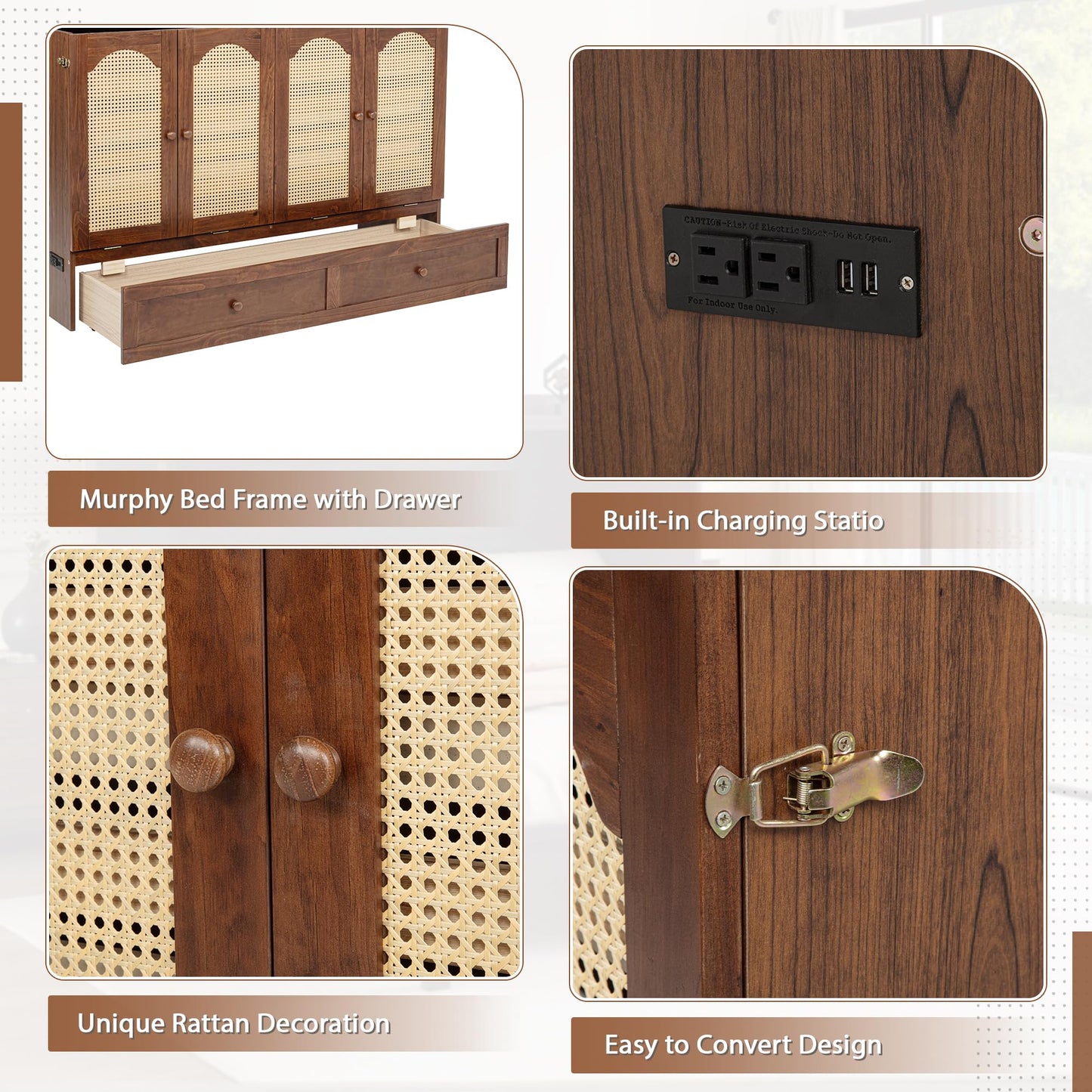 DNYN Queen Size Murphy Bed Cabinet with Large Drawer and and Built-in Charging Station for Guest/Study Room/Home Office, Space-Saving Rattan Decoration Foldable Wall Bed Frame, No Box Spring Needed