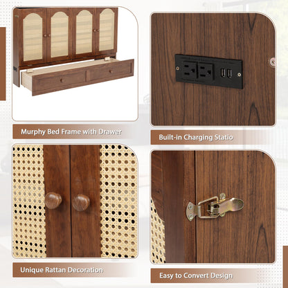 DNYN Queen Size Murphy Bed Cabinet with Large Drawer and and Built-in Charging Station for Guest/Study Room/Home Office, Space-Saving Rattan Decoration Foldable Wall Bed Frame, No Box Spring Needed