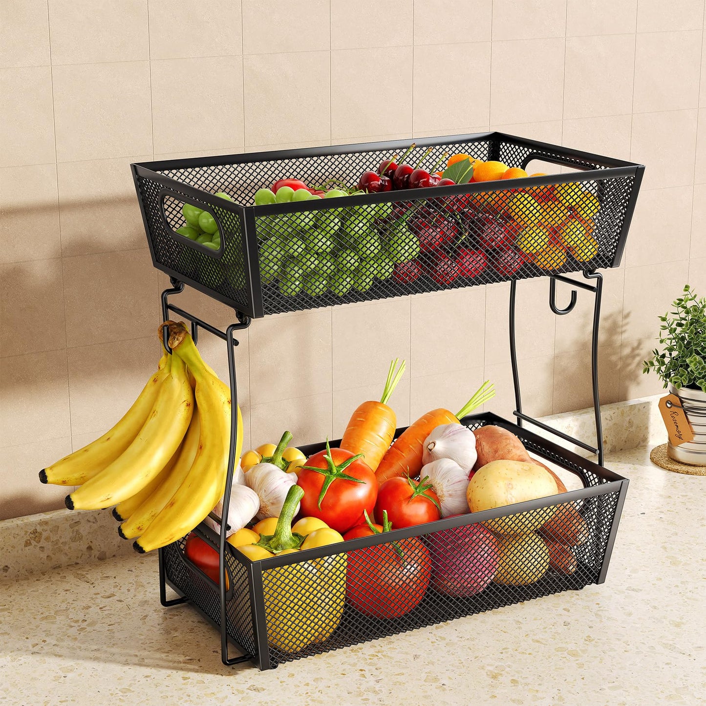2 Tier Fruit Basket Bowl for Kitchen Counter with 2 Banana Hangers, Countertop Metal Mesh Basket Stand Fruit Holder for Veggies Onion Potato Bread Snack, Black