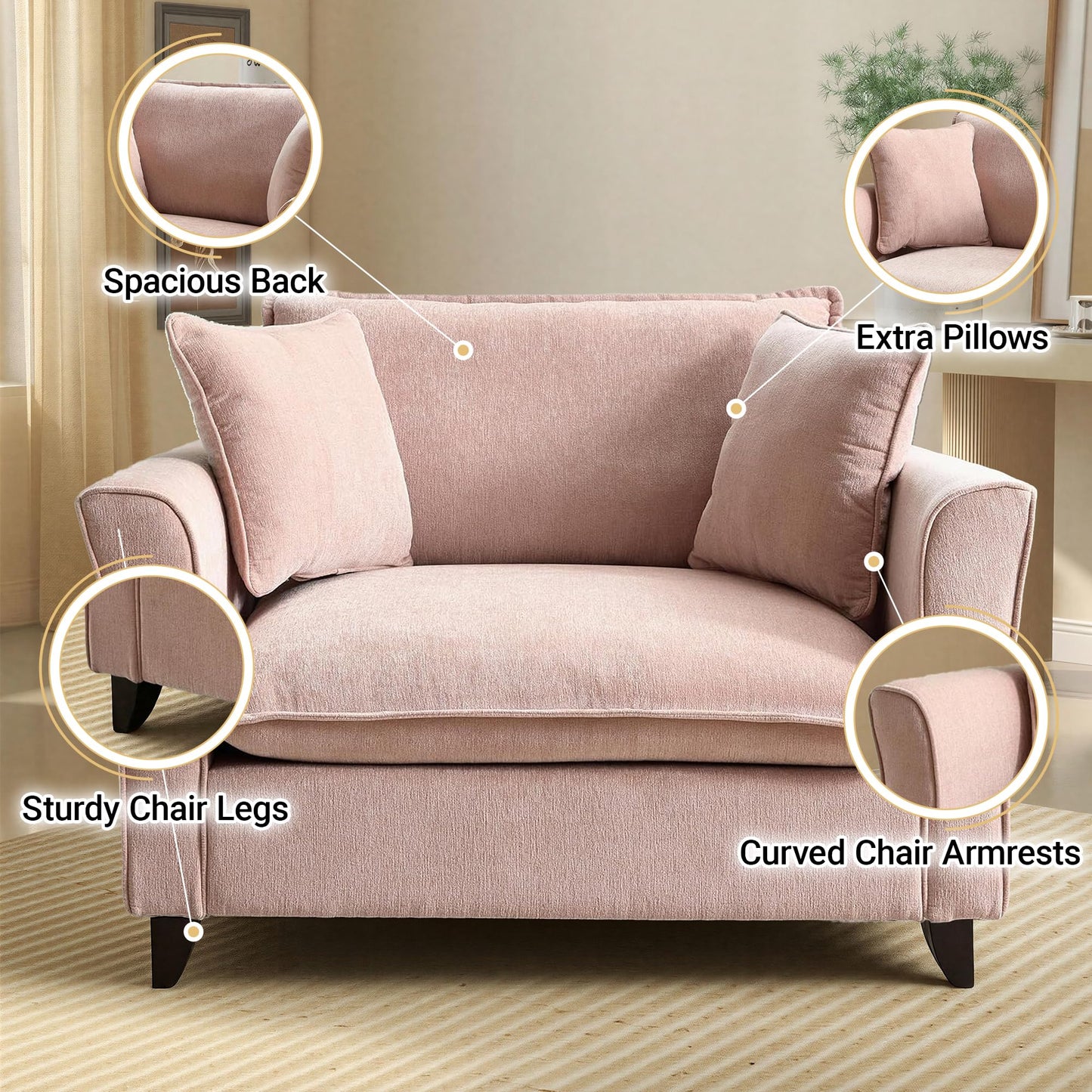 ERYE 46.9" Chenille Upholstered Accent Chair Wide Seat for Living Room Bedroom, Modern Leisure Cushion Armchair W/ 2 Pillows and Removable Cover for Home Apartment Office