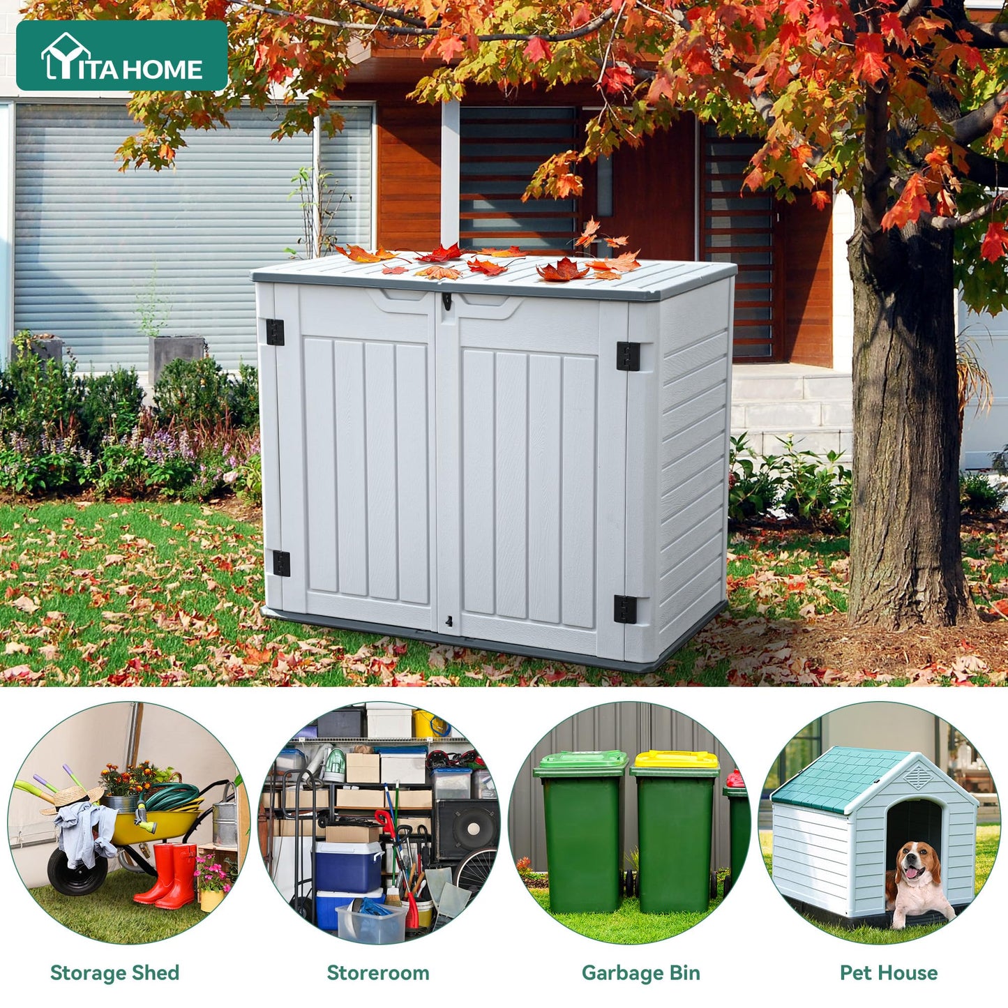 YITAHOME Outdoor Resin Storage Sheds, 39 in Height Lockable Waterproof Horizontal Shed w/o Shelf, Easy to Assemble Shed Storage for Garden Tools, Light Gray