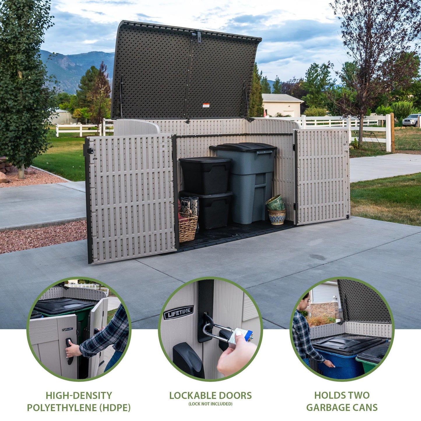 LIFETIME Large Horizontal Outdoor Deck Storage Box, Lockable Spring-Hinge Lid, 561 Gallon Capacity