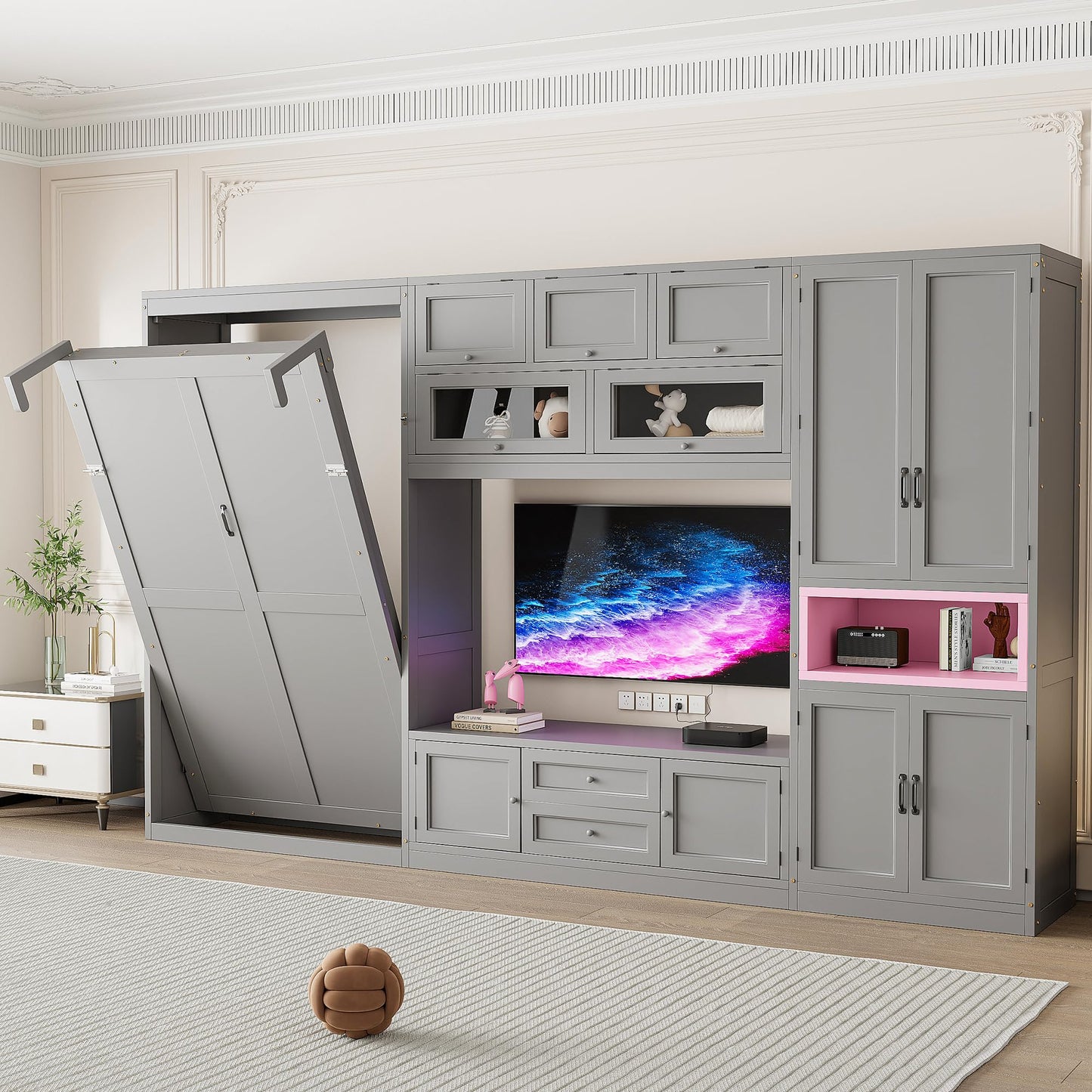 Merax Twin Size Wooden Murphy Bed with TV Stand, Space-Saving Wall Bed Frame with 2 Drawers, Shelves, Cabinets, Foldable Platform for Small Spaces Room, Gray