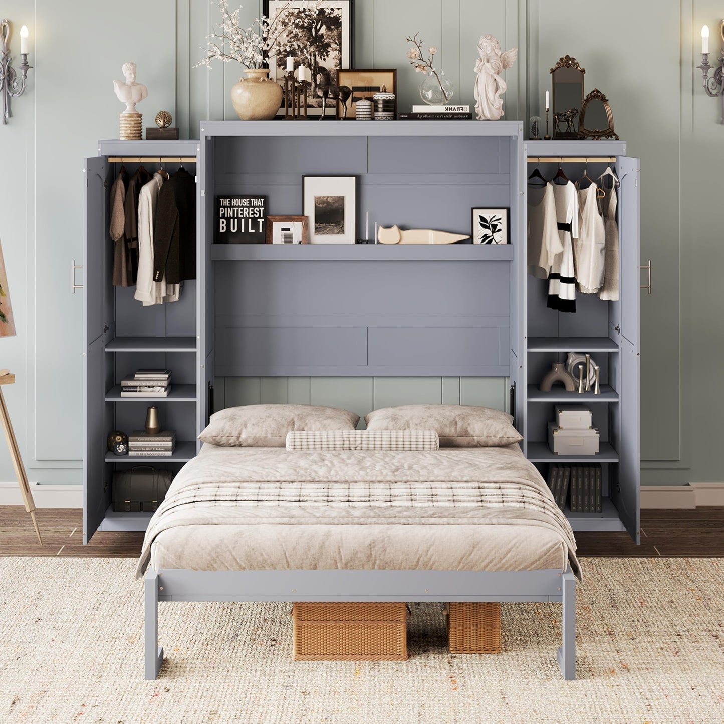 Ball & Cast Full Size Murphy Bed,Wood Foldable Wall Bed with 2 Sides Wardrobe and Storage Shelf, Hidden Cabinet Bed Frame for Bedroom,Guest Room,Space Saving,No Box Spring Needed,Gray