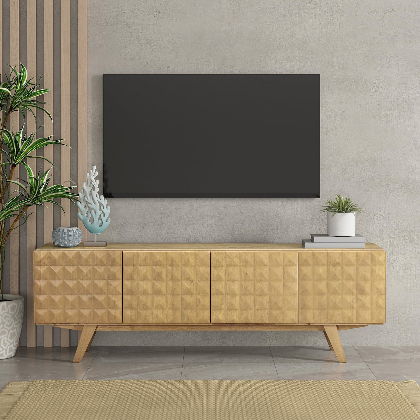 NTC Sapa Mid-Century Modern Solid Wood TV Stand 4-Door Media Console with Carved Geometric Fronts for TVs up to 75", Effortless Assembly, Sand