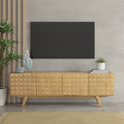 NTC Sapa Mid-Century Modern Solid Wood TV Stand 4-Door Media Console with Carved Geometric Fronts for TVs up to 75", Effortless Assembly, Sand