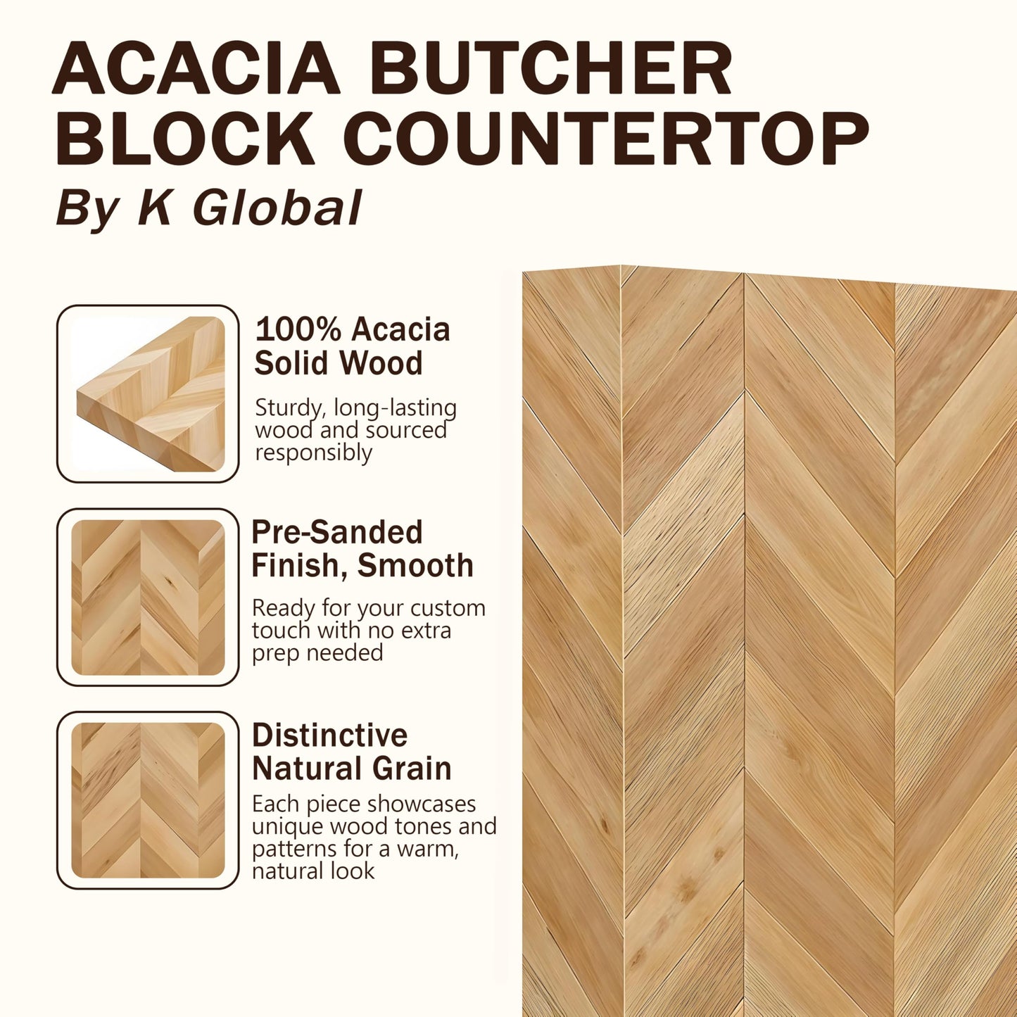 72 in x 26 in x 1.5 in Wood Butcher Block Countertop, Natural Chevron Acacia, Unfinished Solid Tabletop – Ideal for DIY Kitchen/Dining Room/Home Office