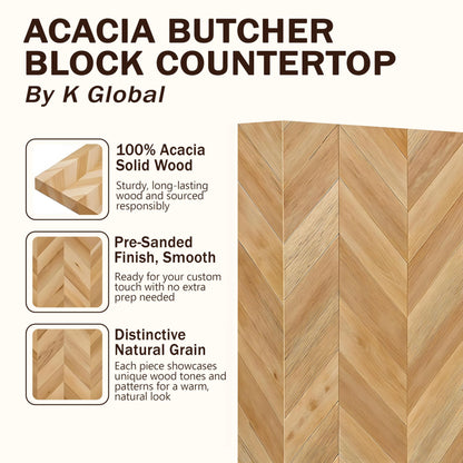 72 in x 26 in x 1.5 in Wood Butcher Block Countertop, Natural Chevron Acacia, Unfinished Solid Tabletop – Ideal for DIY Kitchen/Dining Room/Home Office