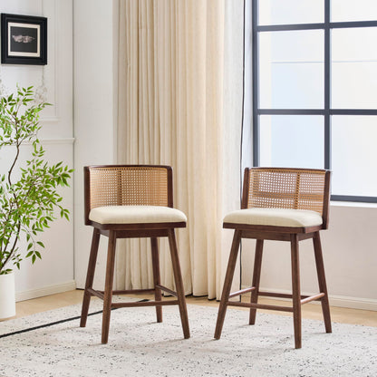 Christopher Knight Home Aphe Counter Height Bar Stools Set of 2, Fabric Upholstered Bar Stool for Kitchen Island, Rubberwood Counter Stools with Woven Rattan Backrest, Beige + Dark Walnut