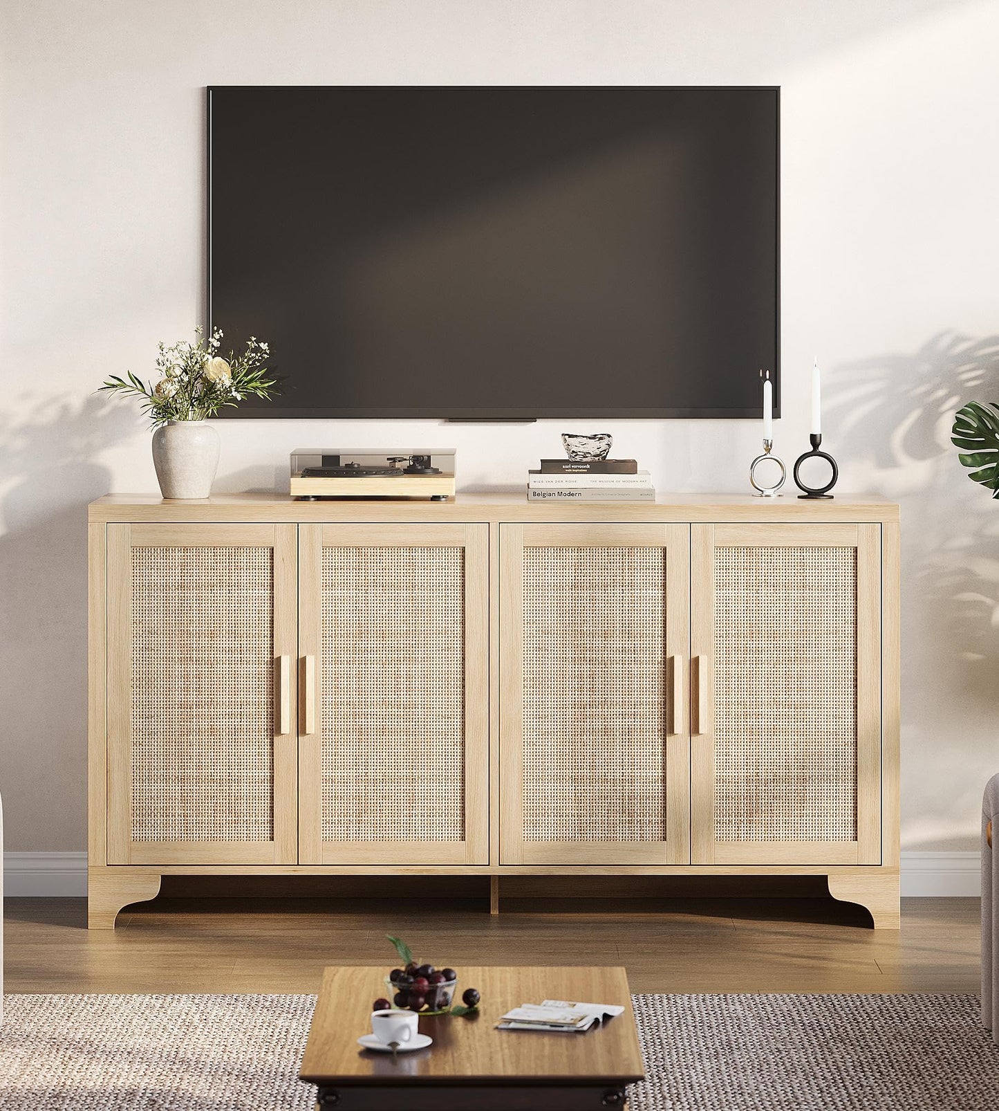 GAOMON TV Stand for TVs Up to 65'', Natural Rattan Entertainment Center with Storage Cabinets, Boho Media Console Table for Living Room, Farmhouse Cabinet, Oak