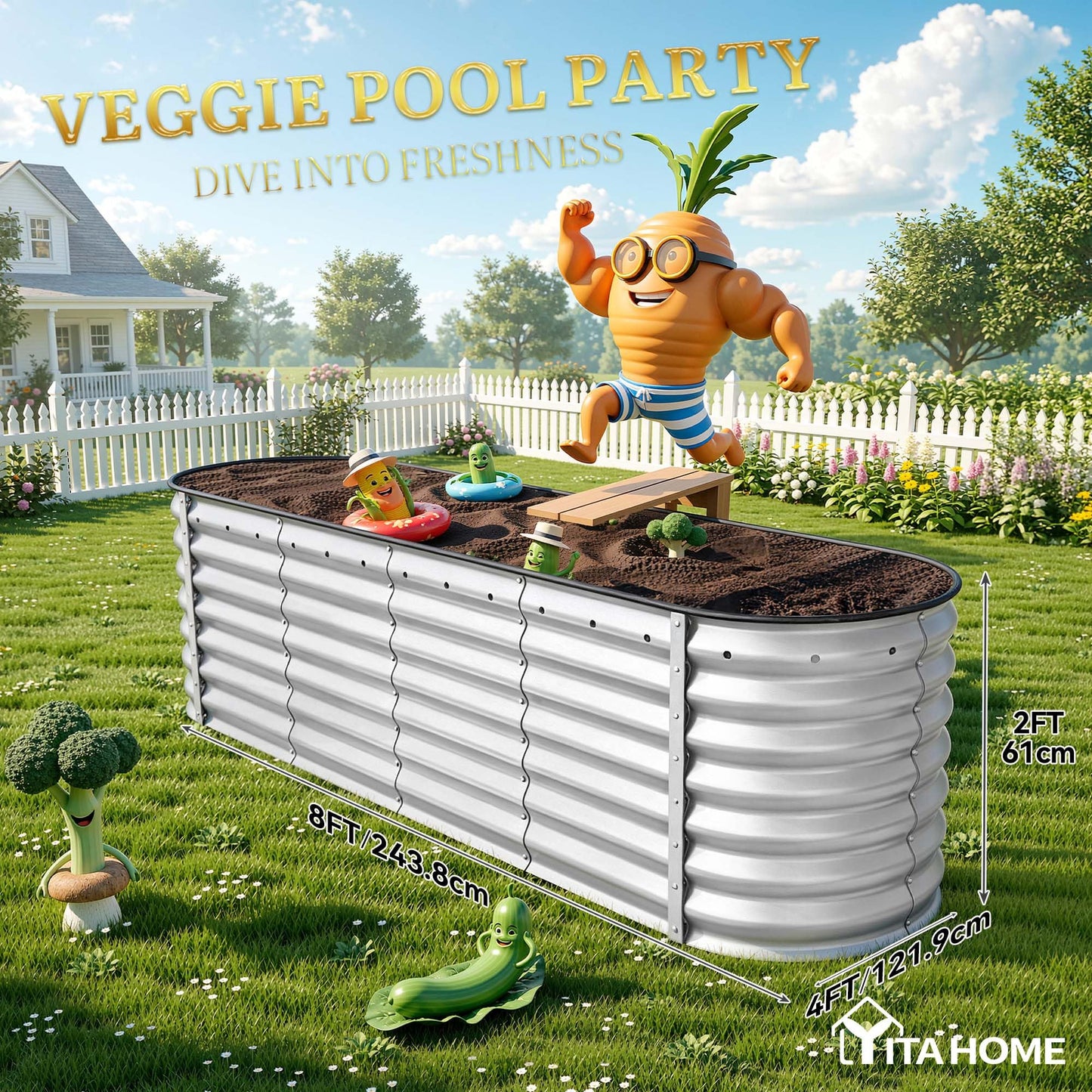 YITAHOME 8x2x2ft Large Raised Garden Bed Kit, 24" Tall 9 in 1 Galvanized Metal Planter Box with Gloves and Safety Rubber, Outdoor Above Ground Planters for Plants Vegetables Flowers, Silver