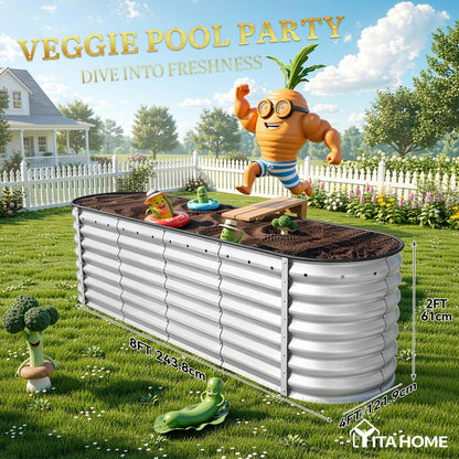 YITAHOME 8x2x2ft Large Raised Garden Bed Kit, 24" Tall 9 in 1 Galvanized Metal Planter Box with Gloves and Safety Rubber, Outdoor Above Ground Planters for Plants Vegetables Flowers, Silver