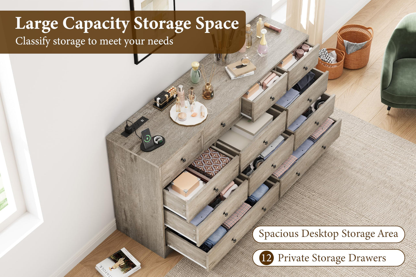 Hetoy 12 Drawer Wooden Dressers with Charging Station – Gray Wood Chest of Drawers for Bedroom, Closet, Living Room, 61" Wide TV Stand Dresser, Modern Storage Organizer for Nursery, Hallway