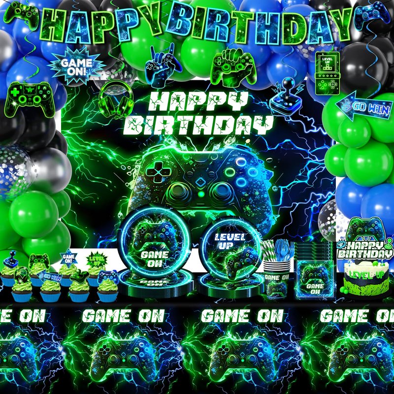 Video Game Birthday Decorations,260pcs Gaming Party Decorations Gamer Birthday Party Decorations Plates and Napkins Cups Tablecloth, Game Party Decorations for Boys Cake Topper Hanging Swirls