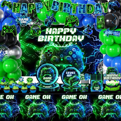 Video Game Birthday Decorations,260pcs Gaming Party Decorations Gamer Birthday Party Decorations Plates and Napkins Cups Tablecloth, Game Party Decorations for Boys Cake Topper Hanging Swirls