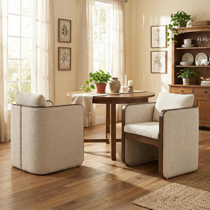 Christopher Knight Home Cabelo Boucle Upholstered Dining Chairs Set of 2, Sturdy Wooden Dining Chair with Curved Back, Modern Armchairs and Thick Cushions, Versatile Indoor Usage, Almond + Walnut