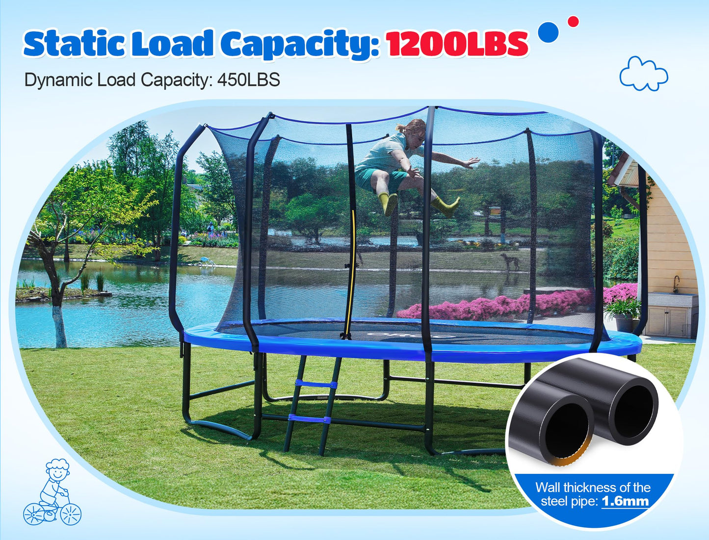 ORCC Oval Trampoline for Kids, 10x16FT Outdoor Trampoline with Safety Net - Recreational Gymnastics Trampolin, 1200LBS Capacity, Heavy-Duty Galvanized Steel Frame Yard Trampolines