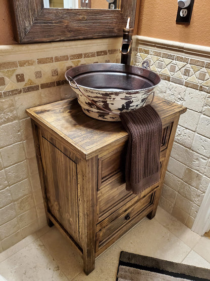 Simply Copper 15" Round Copper Vessel BUCKET Sink in Distressed Antique White Exterior with 13" Pump Faucet and Daisy Drain