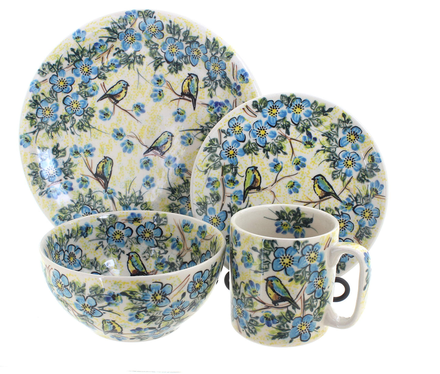 Blue Rose Polish Pottery - Yellow Bluebird Garden 4 PC Place Setting - Service for 1-1 Place Setting - Great for Everyday Dining, Casual Dining, or as Formal Dinnerware