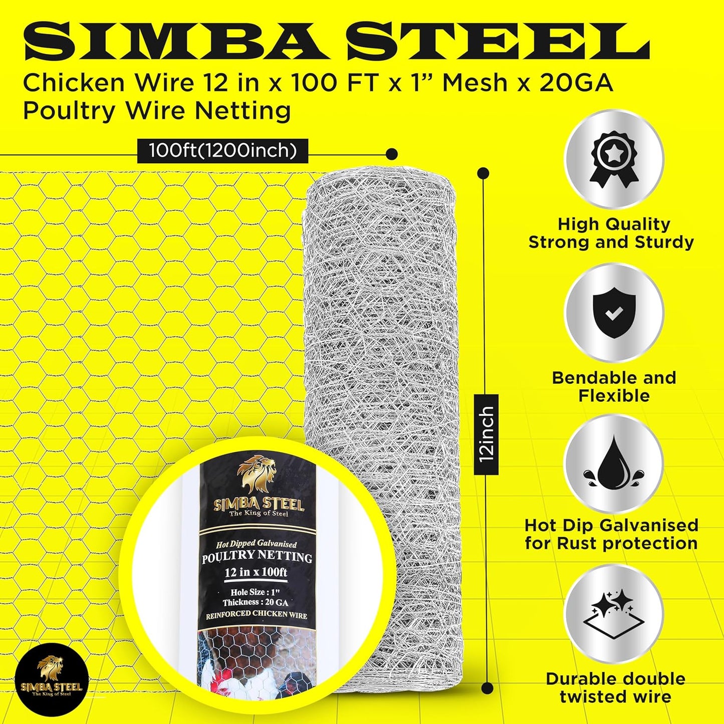 12 100 1 20GA 12 100) Chicken Wire in x FT x Mesh x | Poultry Wire Netting | Hot Dipped Galvanised | Hexagonal