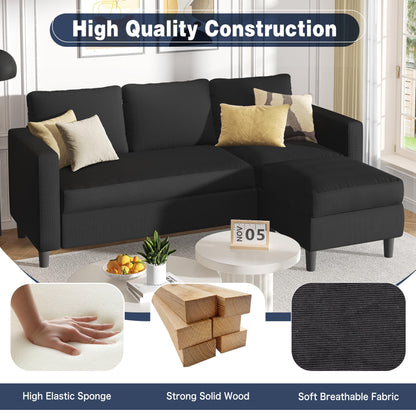 Shintenchi L Shaped Sectional Sofa Couch,Convertible Modular Sofas with Movable Ottoman,3-Seat Upholstered Corduroy Couch,Small Couches for Living Room,Apartment,Office(Black)