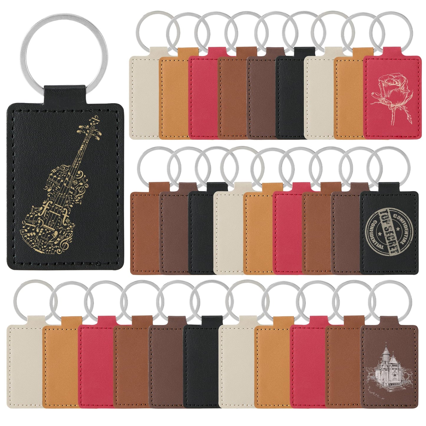30 Pcs DIY Leather Key Fob Blanks Kit Rectangular PU Leather Keychains with Metal Keychain Rings 6 Colors for Laser Engraving Stamping Painting Working Key chain Craft Supplies Unique Gift Making