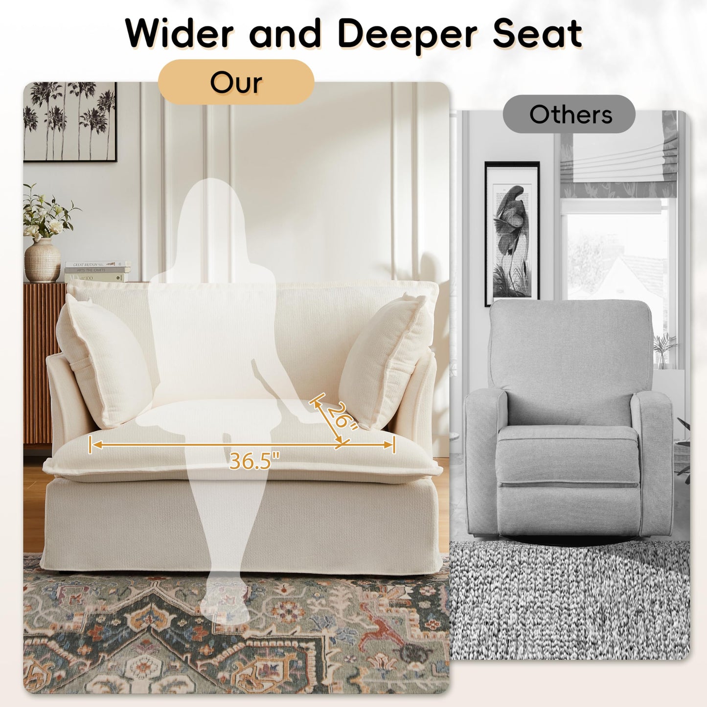 ERYE 47" Chenille Upholstered Accent Chair Wide Seat Armchair for Living Room Bedroom, Modern Upholstered Armchair W/ 2 Pillows and USB-C Ports for Home Apartment Office