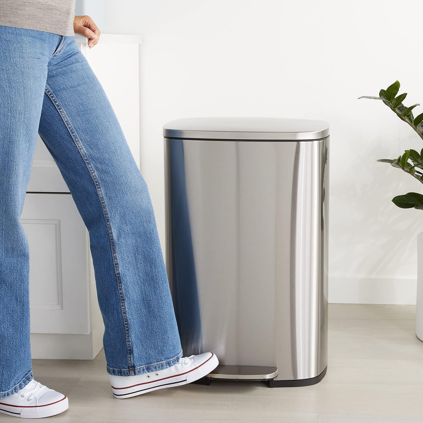 Amazon Basics Smudge Resistant Rectangular Trash Can with Soft-Close Lid, Foot Pedal, Removable Inner Bucket, 50 Liter/13.2 Gallon, Brushed Stainless Steel, Satin Nickel Finish