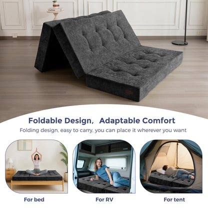 MAXYOYO 6" Folding Sofa Bed for Floor, Tufted Tri-Fold Floor Couch Bed with Chenille Fabric, Full Size Portable Sofa Couch Guest Mat for Adults, Foldable Topper for Camping, Dark Grey, 53"x75"