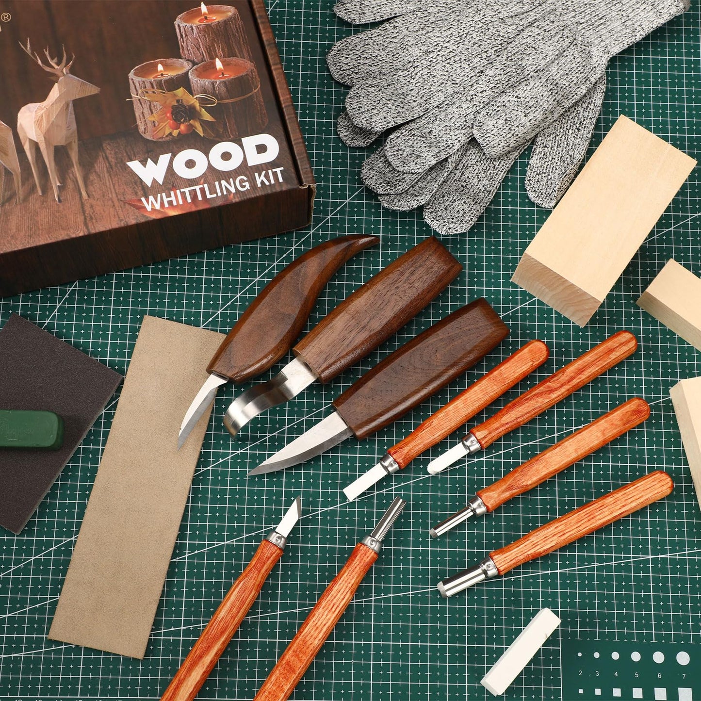 AUGSUN Wood Carving Kit, 17 Pack Wood Whittling Kit Hand Carving Knife Tools Set for DIY Sculpture Carpenter Experts & Beginners