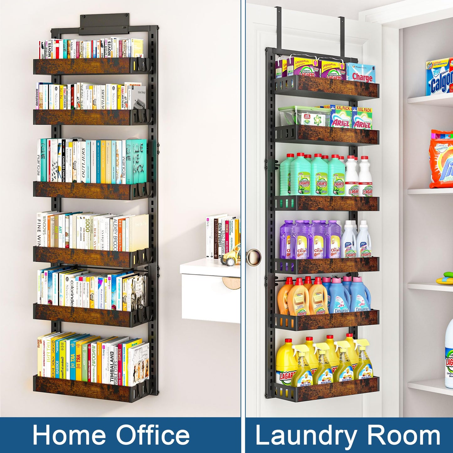 BUKFEN 6-Tier Over the Door Pantry Organizer, 2-in-1 Door Hanging or Wall Mounted Spice Rack, Heavy Duty Metal Storage Shelves with Adjustable Wooden Baskets for Kitchen Bathroom Closet