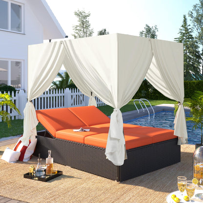 roomfitters Luxury Cabana Vibrant Orange Outdoor Double Chaise Lounge Patio Daybed with Privacy Curtains and Adjustable Reclining Backrest