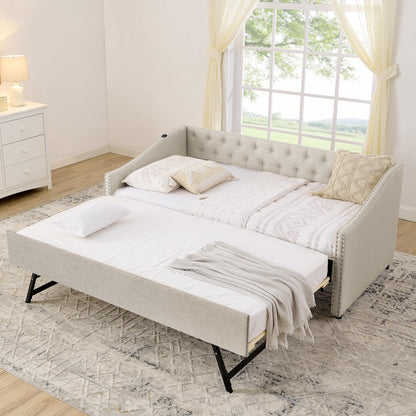 Ball & Cast Twin Size Upholstered Daybed with Pop Up Trundle & USB Port,Twin to King Daybed Frame with Button Tufted Backrest & Nailhead Trim Design, Extendable Trundle Bed,No Box Spring Neeed,Beige