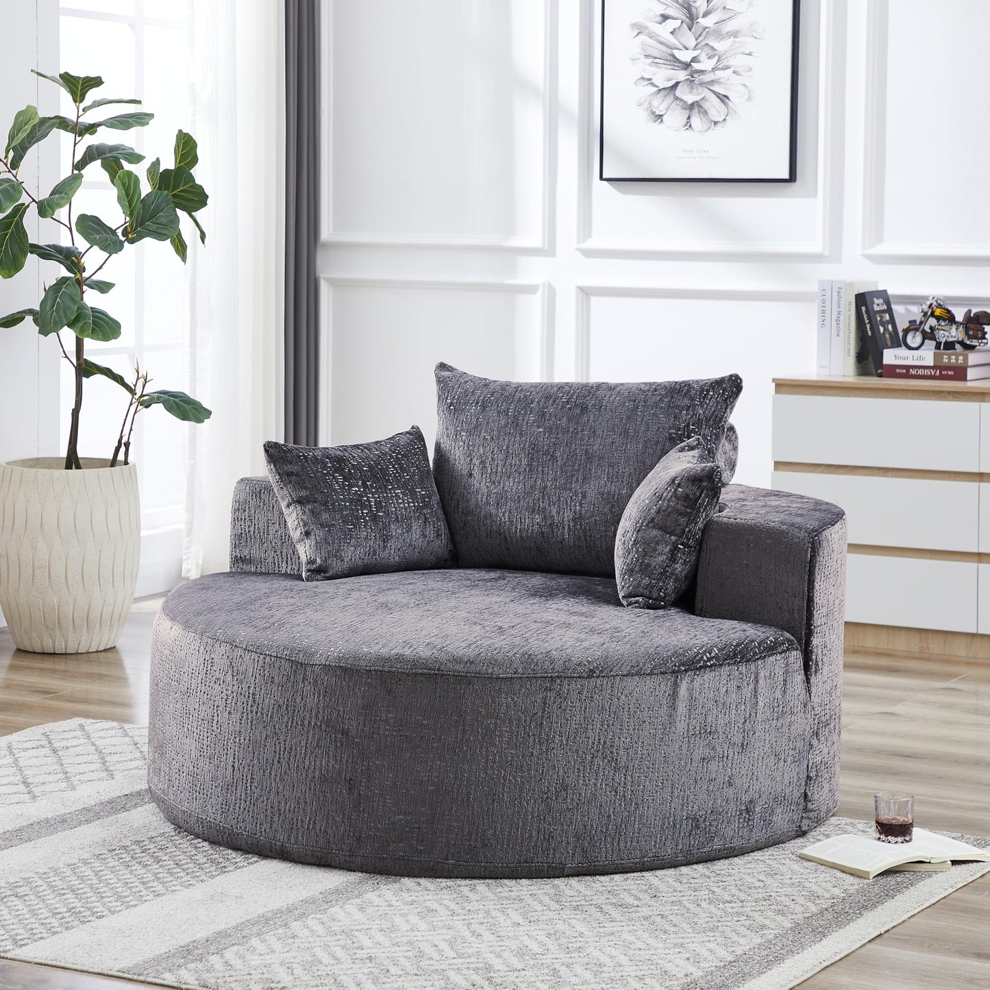KEIKI 55" Chenille Accent Chair, Sponge Barrel Chairs Upholstered Round Sofa, Single Couch Armchair for Living Room, Gray