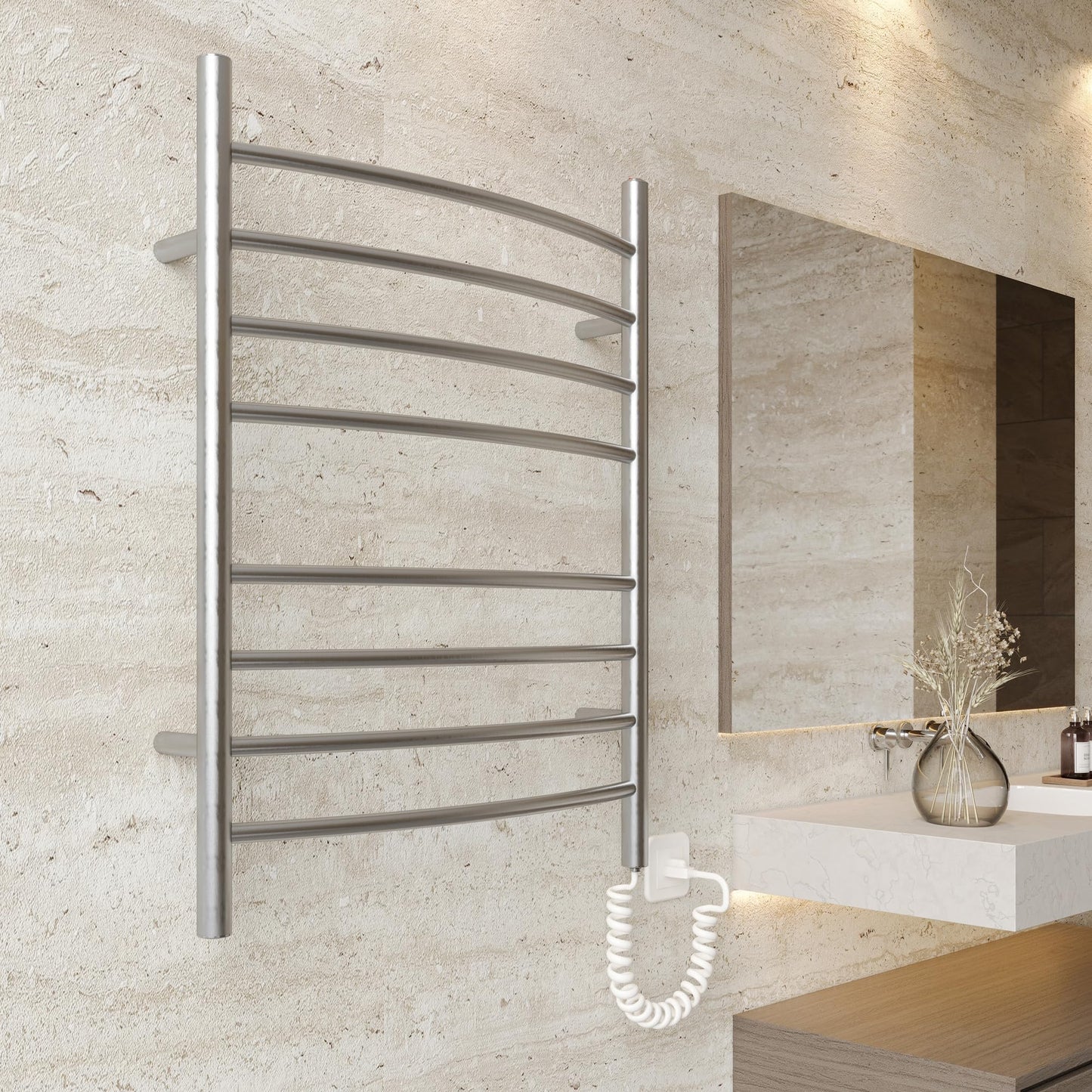 HEATGENE Towel Warmer 8 Bar Plug-in Curved Bath Towel Heater Towel Warmer for Bathroom Plug-in Drying Rack Brushed