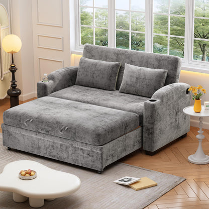 GDFStudio Pull Out Sofa Bed with USB Ports and Cup Holders, 3-Position Adjustable Backrest Chenille Loveseat, Sturdy Frame Compact Couch for Living Room Apartment Guest Bed, Gray