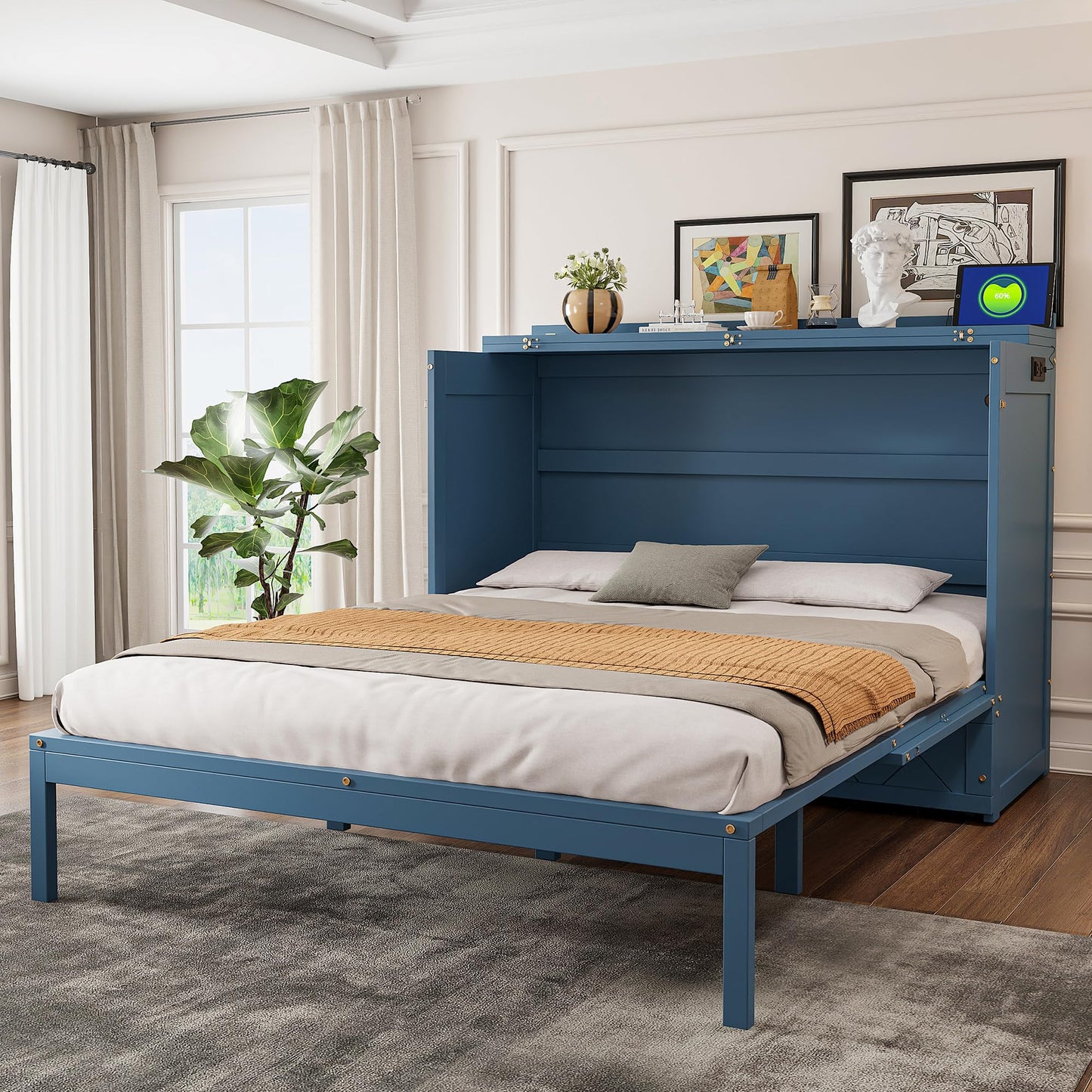 Merax Queen Size Murphy Cabinet Bed with Storage Drawers, Wall Murphy Bed with a Set of Sockets & USB Ports, Folding Platform Bed for Small Room