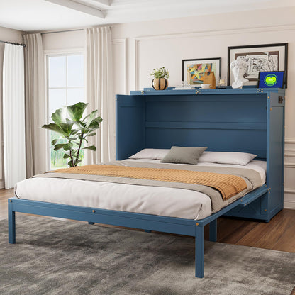 Merax Queen Size Murphy Cabinet Bed with Storage Drawers, Wall Murphy Bed with a Set of Sockets & USB Ports, Folding Platform Bed for Small Room