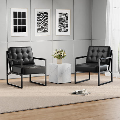 GarveeLife Mid Century Modern Accent Chair, PU Leather Upholstered Armchair with Thick Cushion & Sturdy Metal Frame, Retro Lounge Chair for Living Room Bedroom Office Lobby Waiting Room, Black 2 Pack