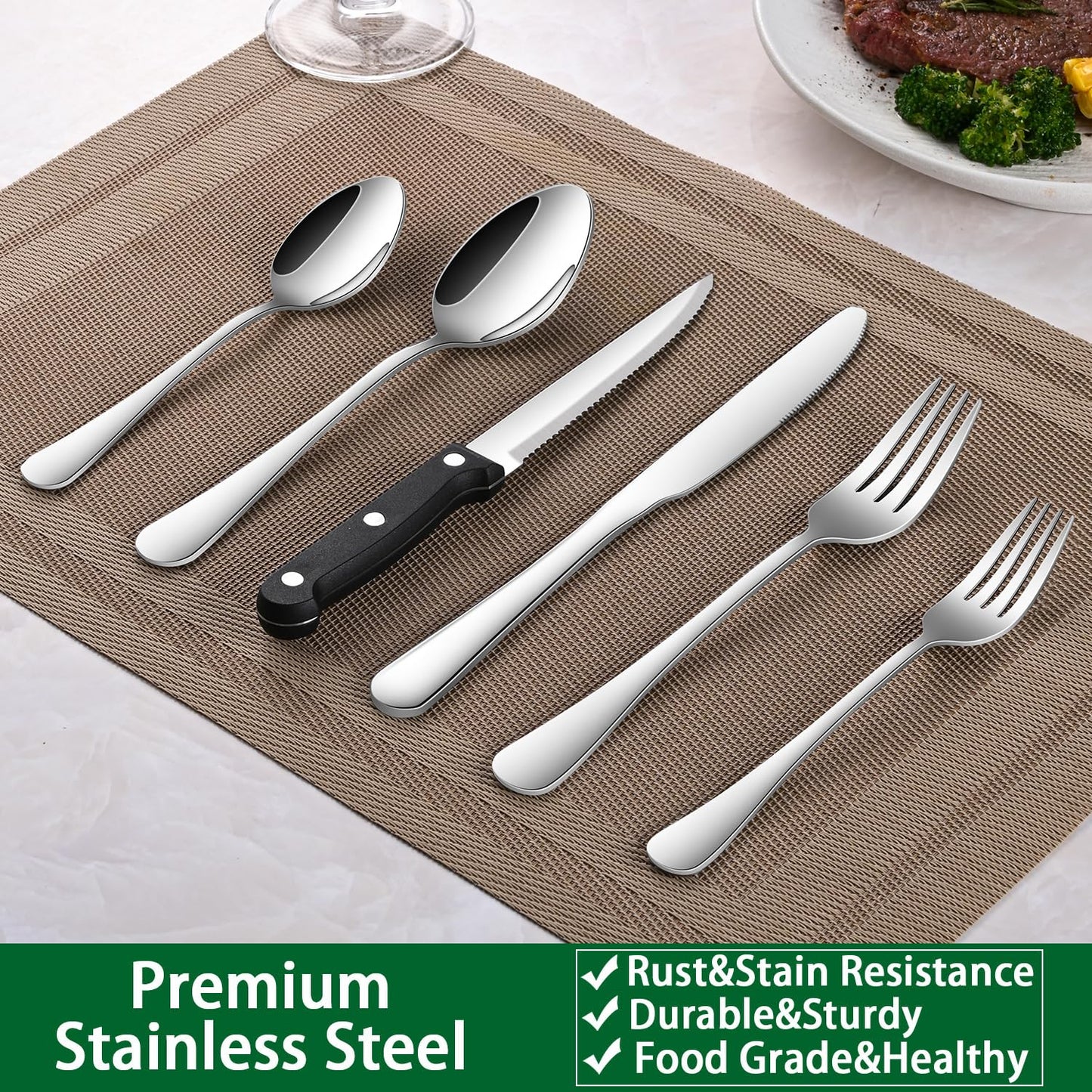 24-Piece Silverware Set with Steak Knives,Flatware Set Service for 4 Person, Food-Grade Stainless Steel Cutlery Set,Includes Knife Spoon And Fork, Mirror Finished Utensil Sets for Home Restaurant