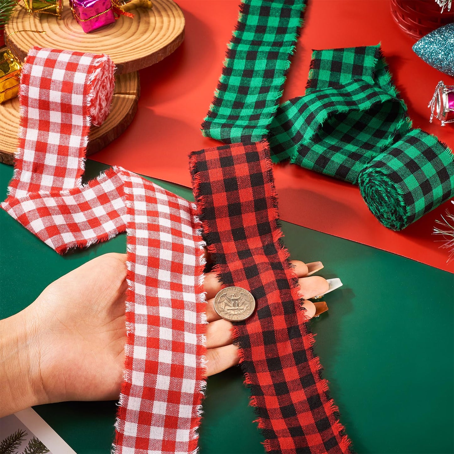 FASHEWELRY 3 Rolls Christmas Plaid Ribbon Cotton Handmade Fringe Wrapping Ribbon Red Green Natural Linen Ribbons for Christmas Tree Bows Decorations Gifts Wrapping