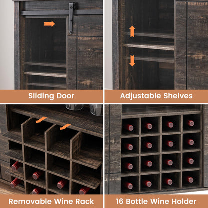 IDEALHOUSE Wine Bar Cabinet,Coffee Bar Cabinet,Farmhouse Liquor Station,Rustic Buffet Sideboard with Sliding Barn Doors,Wine & Glass Racks,Adjustable Shelves,for Living Room,Kitchen,Entryway(Fire)
