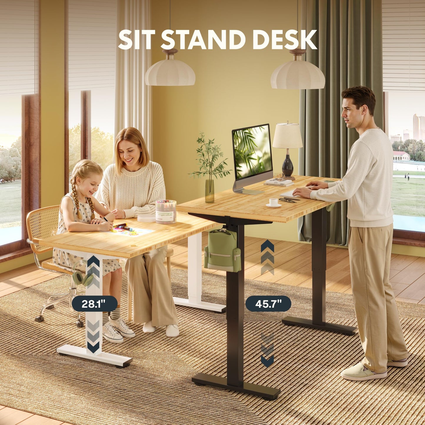 FLEXISPOT Solid Wood Standing Desk, One-Piece Real Wood Desktop, Electric Height Adjustable Desk for Home Office, 176 LBS Capacity (60"x30" Curved Bamboo, Silver Frame)