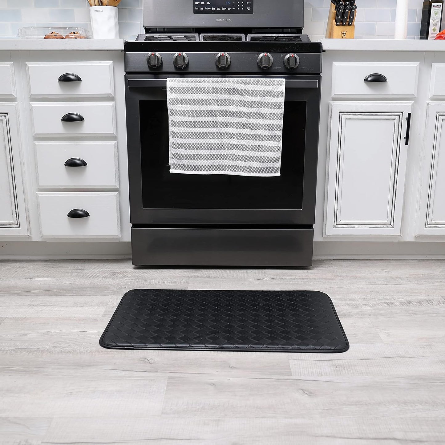 Anti-Fatigue Kitchen Faux Leather Non-Skid Cushioned Comfort Mat, 18" x 30", Diamond Black/Black