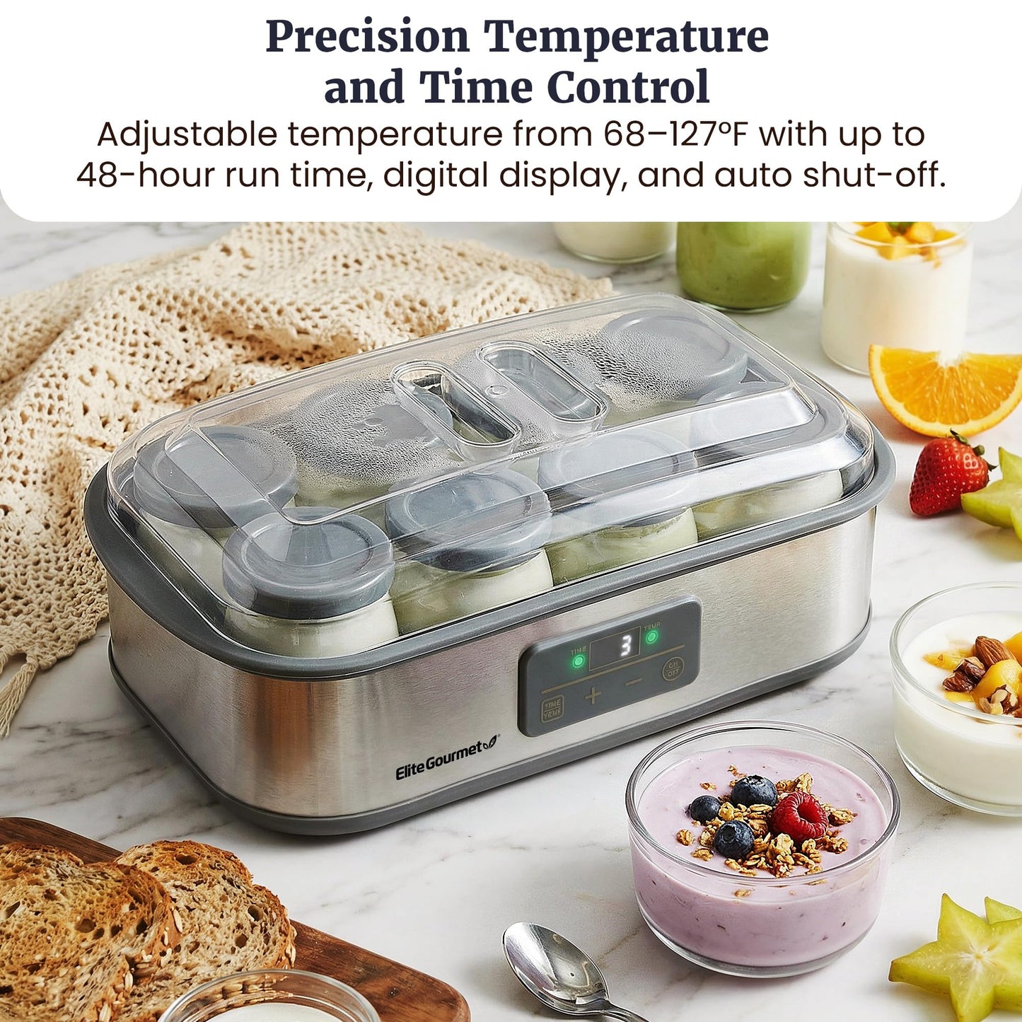 Elite Gourmet ProBioticPRO™ Digital Yogurt Maker, Programmable Temp & Time Control (68–127°F), Includes 8 Glass Jars (6 oz) + 2 Large 1-Qt Bowls, Stainless Steel, Auto Shut-Off