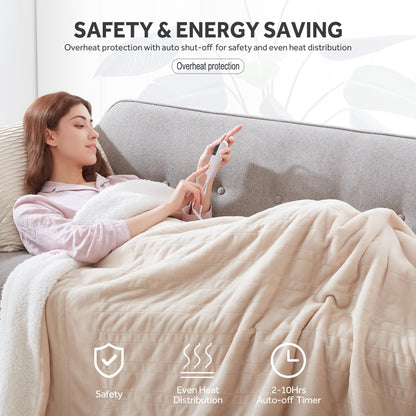 Warmrest Heated Blanket Electric Throw Soft Flannel Sherpa, 6 Heat Levels Fast Heating, 2 to 10 Hours Auto-Off Detachable Controller Machine Washable, Beige 50"x60"