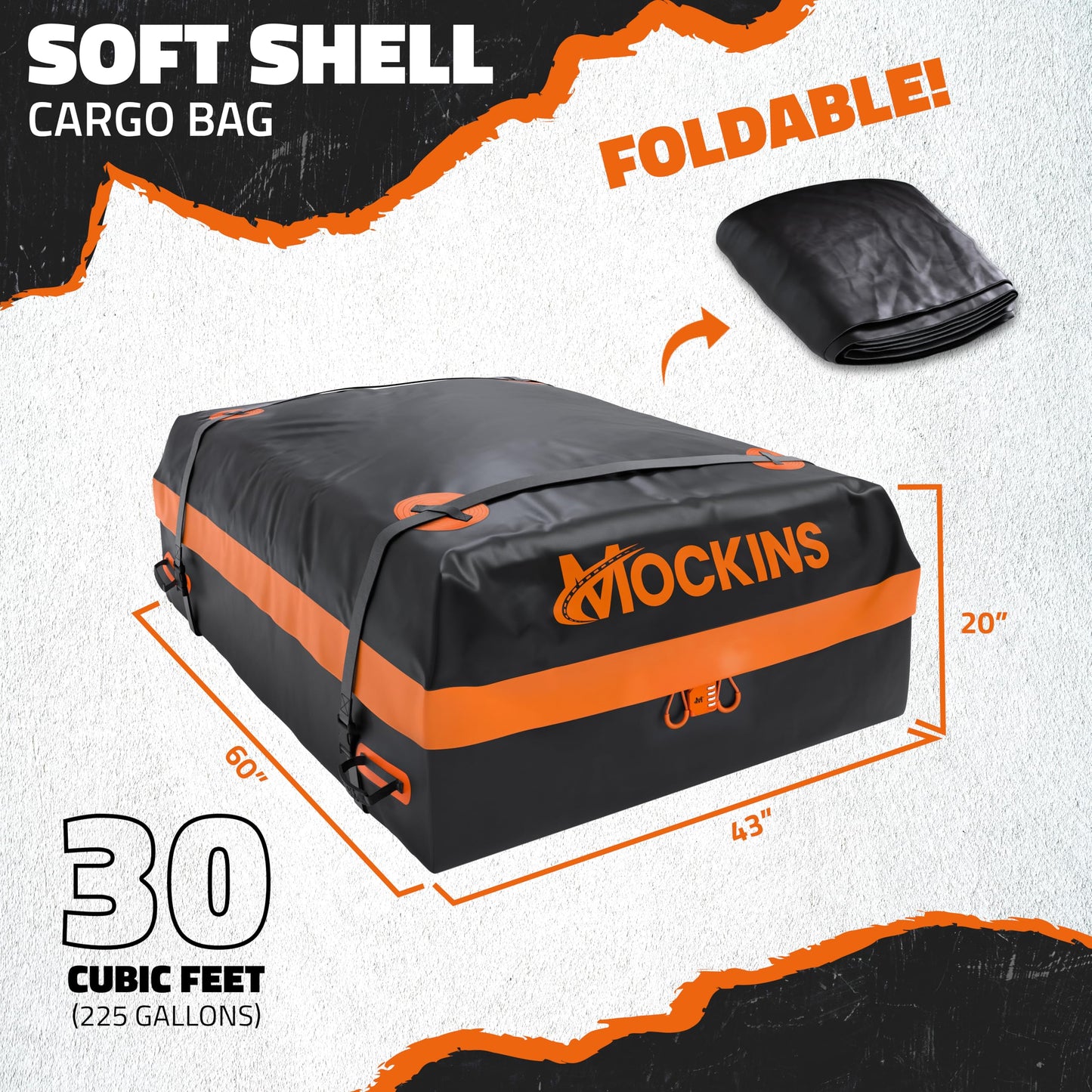 Mockins 30 CuFt Waterproof Rooftop Cargo Bag for Top of Car, SUV, Truck & Large Vehicles | 60"x43"x20" Vinyl Car Roof Bag for Use with or w/o Roof Rack | All-Weather Rooftop Cargo Carrier Set